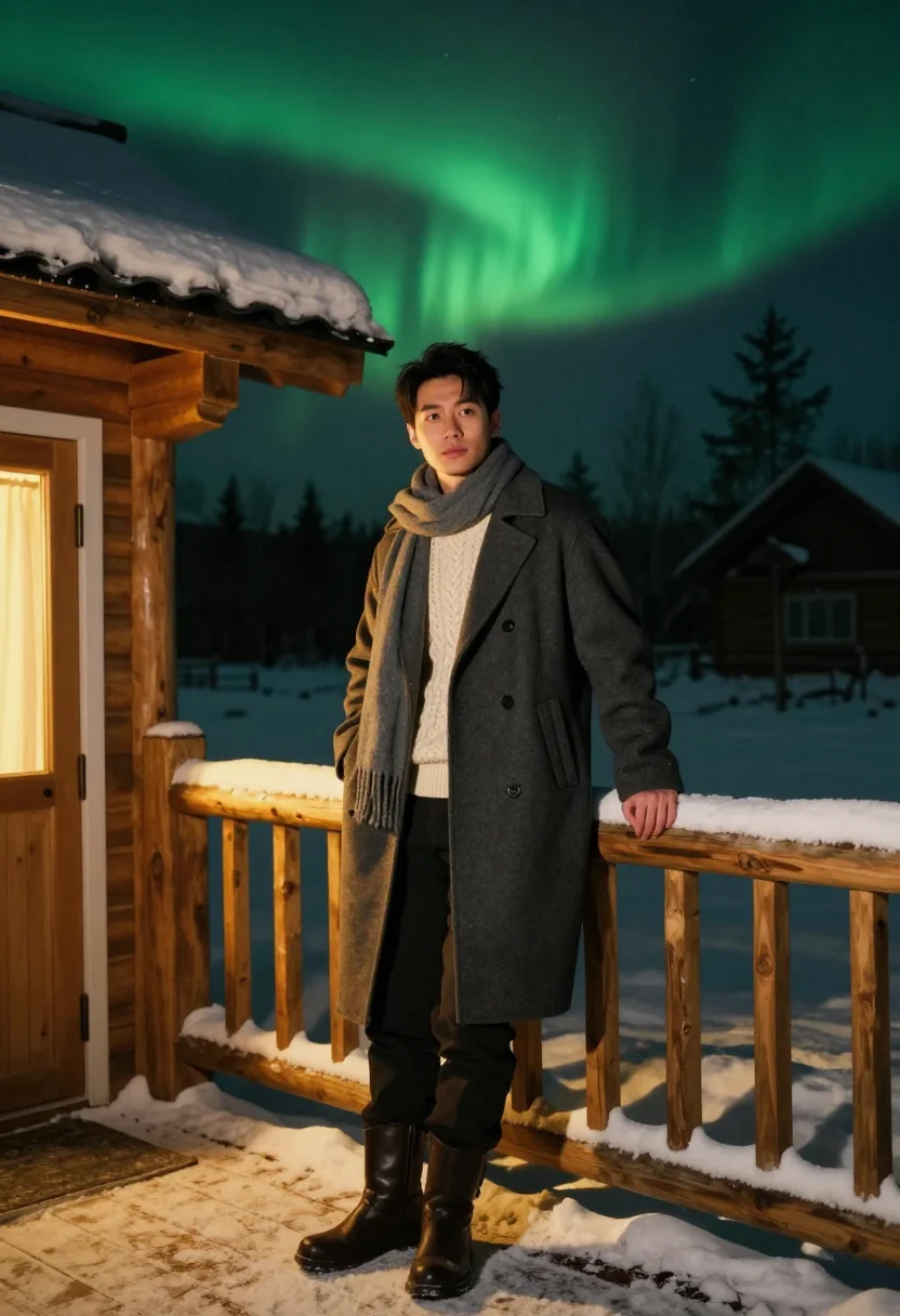 AI northern lights sample — portrait of a traveller, full-length portrait of an East-Asi