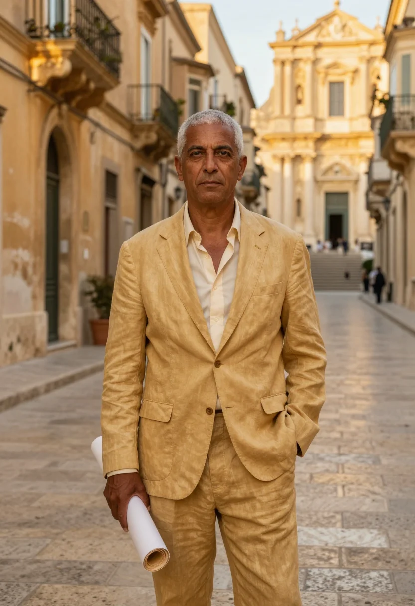 AI noto architect golden baroque sample — portrait of a man, in his early fifties, with deep bronzed s
