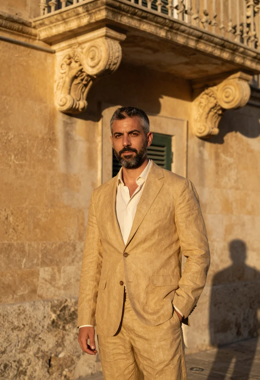 AI noto architect golden baroque sample — portrait of a man, in his mid-forties, Sicilian, with warm o