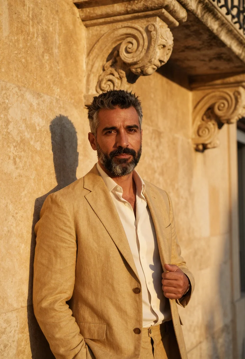 AI noto architect golden baroque sample — portrait of a man, in his mid-forties, Sicilian, with warm o