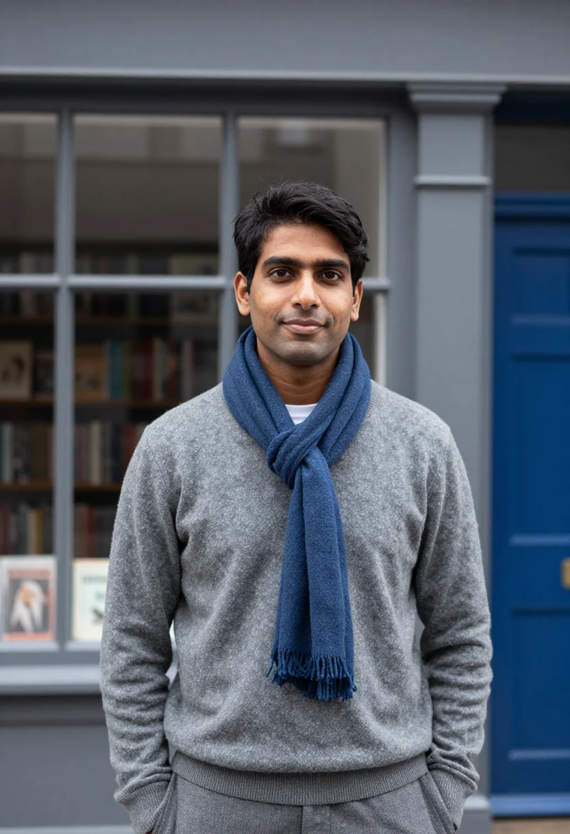 AI notting hill blue door november sample — portrait of a man, framed tight, head and shoulders, the bod