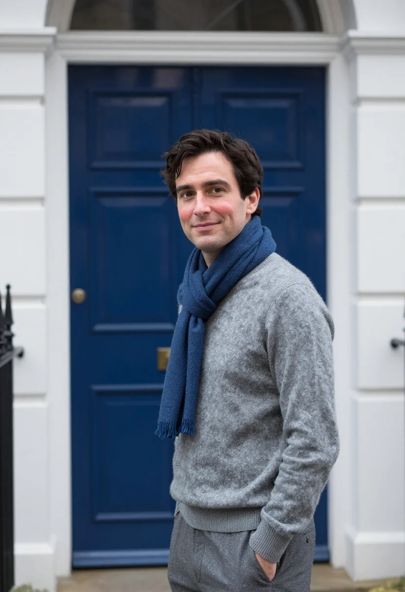 AI notting hill blue door november sample — portrait of a man, framed chest-up, cropped at the ribs, the