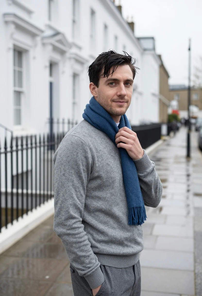 AI notting hill blue door november sample — portrait of a man, framed chest-up, cropped at the ribs, the