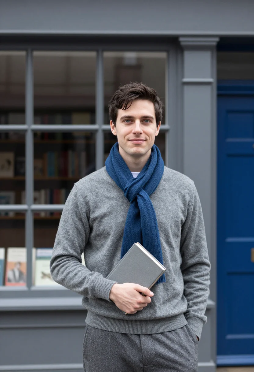 AI notting hill blue door november sample — portrait of a man, framed chest-up, cropped at the ribs, the