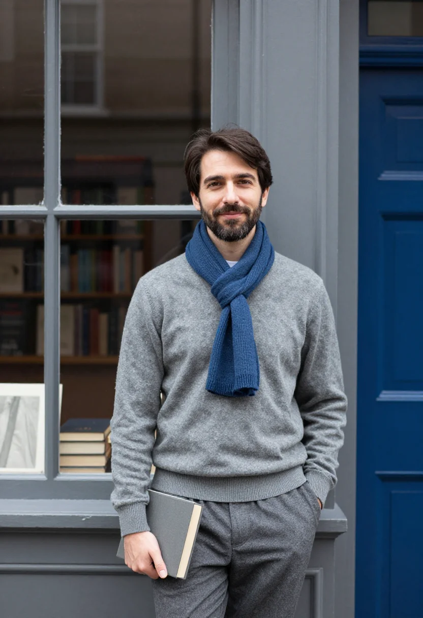 AI notting hill blue door november sample — portrait of a man, framed half-length from the head to the h