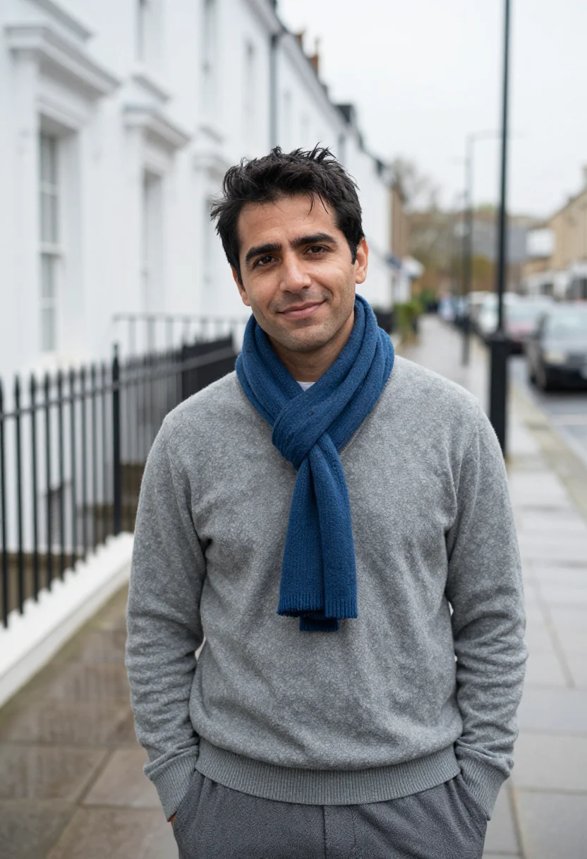 AI notting hill blue door november sample — portrait of a man, framed tight, head and shoulders, the bod
