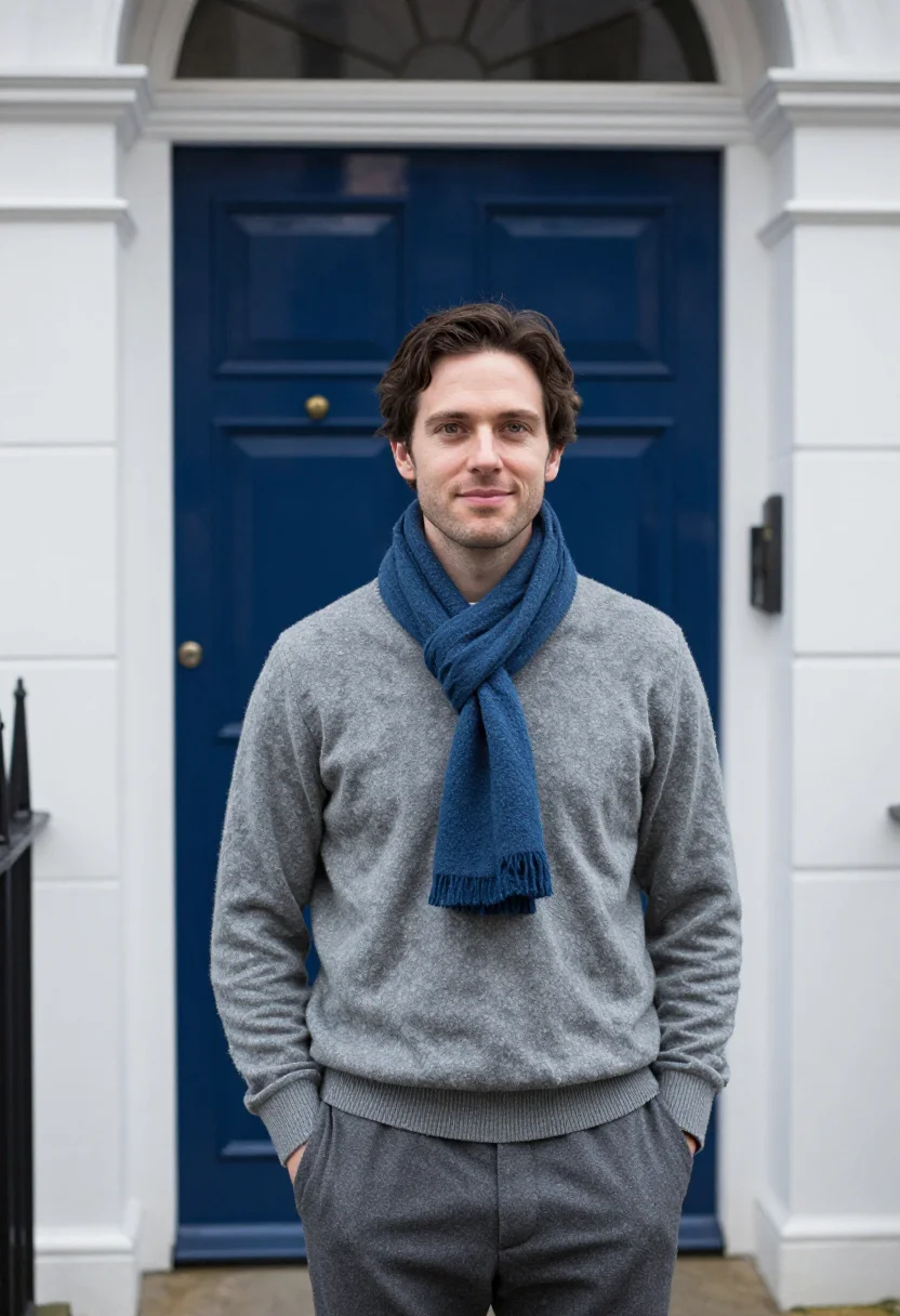 AI notting hill blue door november sample — portrait of a man, framed waist-up from the head to the wais