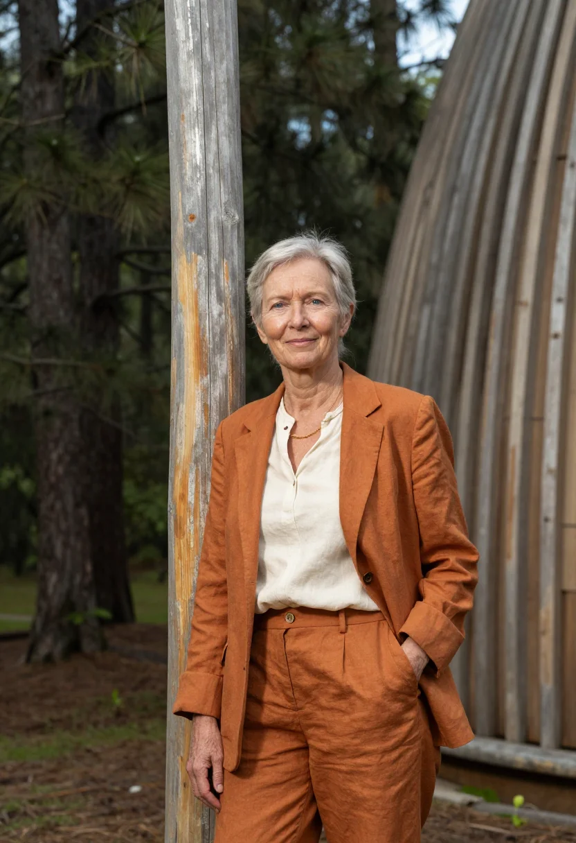 AI noumea cultural centre architect timber ribbed sample — portrait of a woman, a architect in her sixties of English d