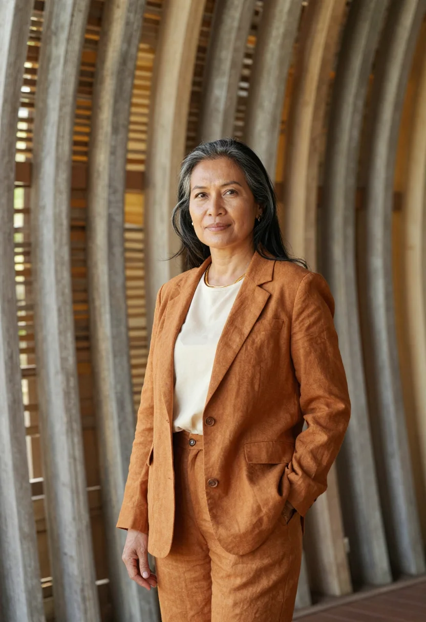 AI noumea cultural centre architect timber ribbed sample — portrait of a woman, a architect in her fifties of Vietnames