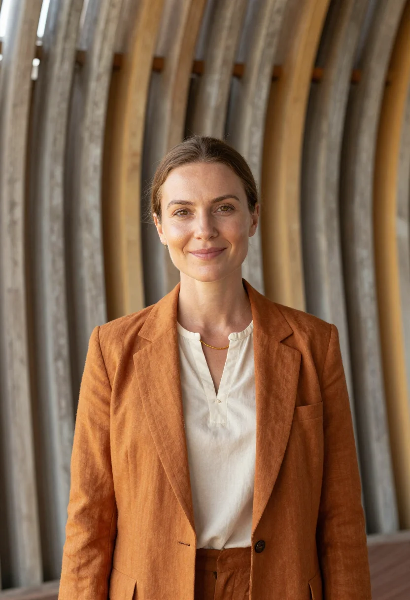 AI noumea cultural centre architect timber ribbed sample — portrait of a woman, a architect in her thirties of French d