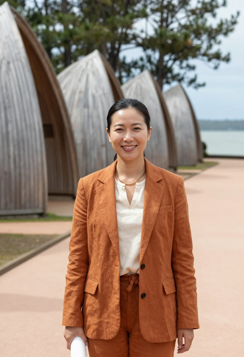 AI noumea cultural centre architect timber ribbed sample — portrait of a woman, a architect in her thirties of Japanese