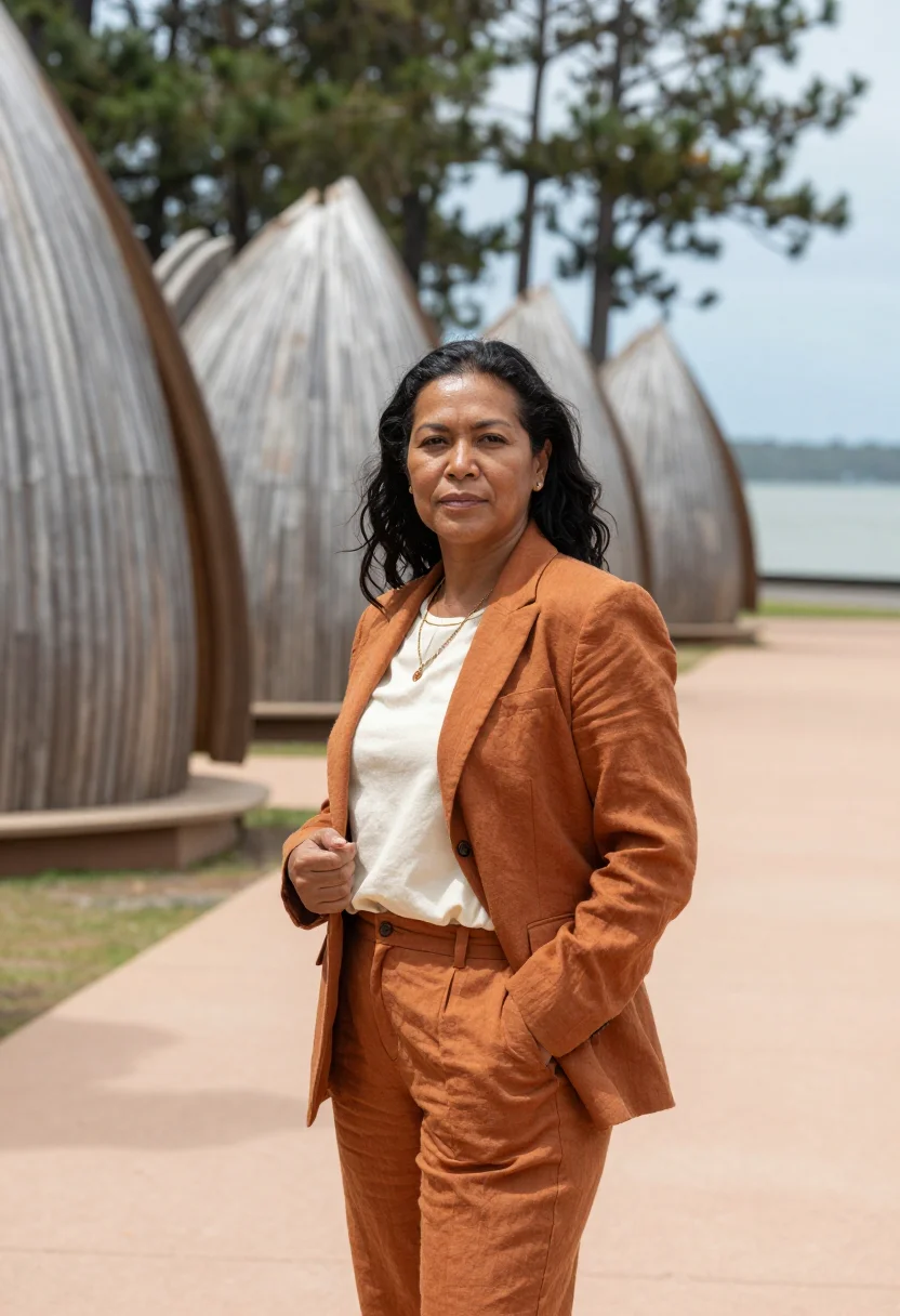 AI noumea cultural centre architect timber ribbed sample — portrait of a woman, a architect in her fifties of Tahitian