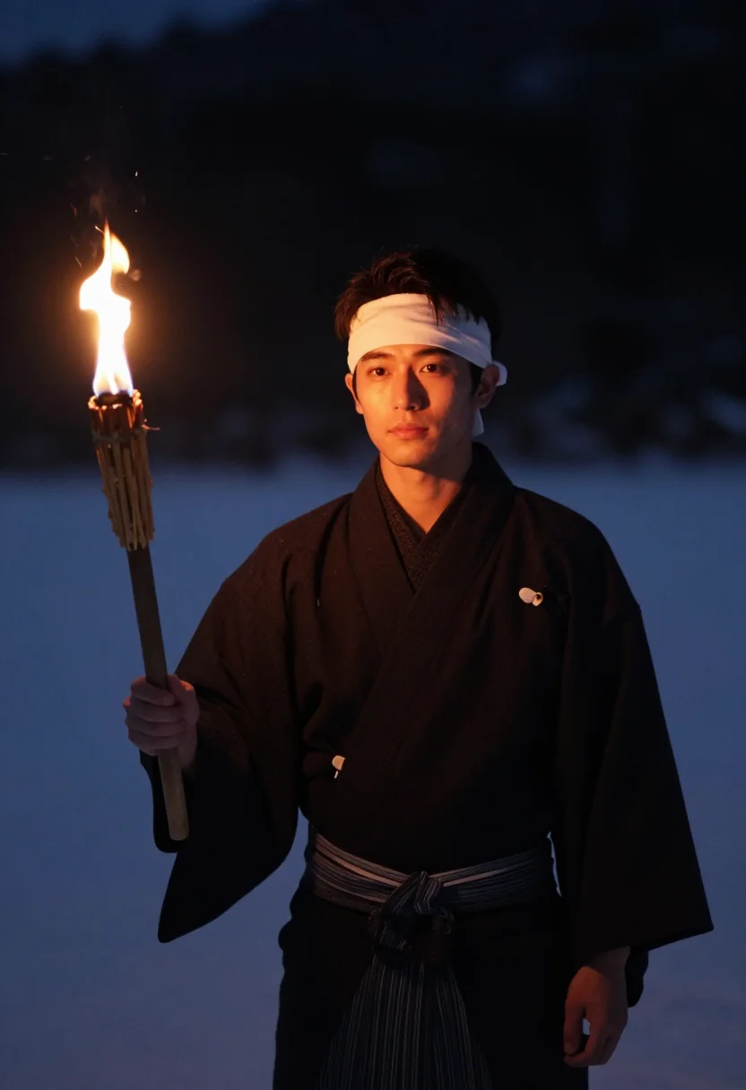 AI nozawa dosojin fire festival sample — portrait of a man, framed half-length, to the waist, a moder