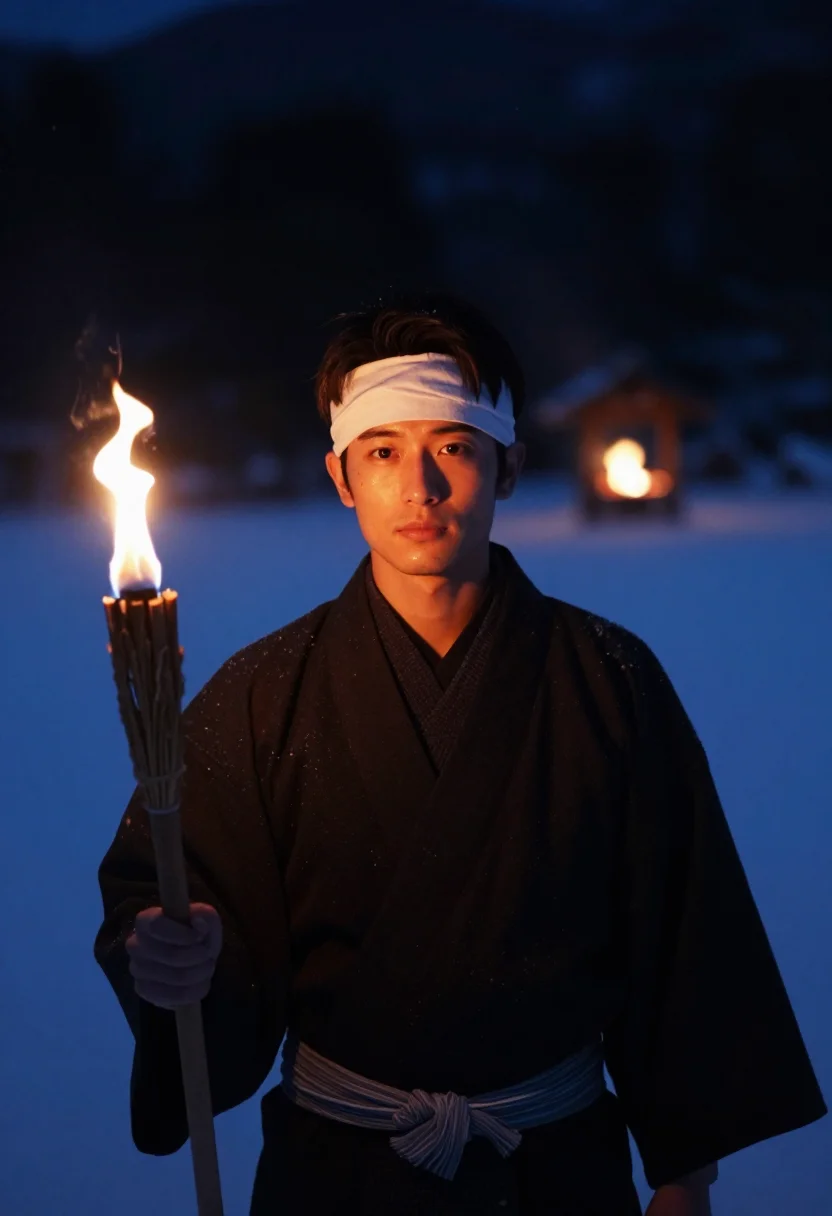 AI nozawa dosojin fire festival sample — portrait of a man, framed chest-up, the body close to the le