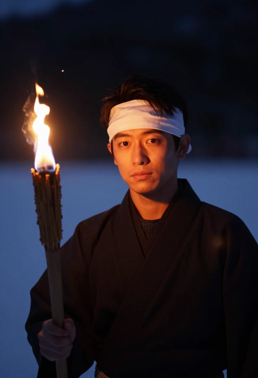 AI nozawa dosojin fire festival sample — portrait of a man, framed tight, head and shoulders, the bod