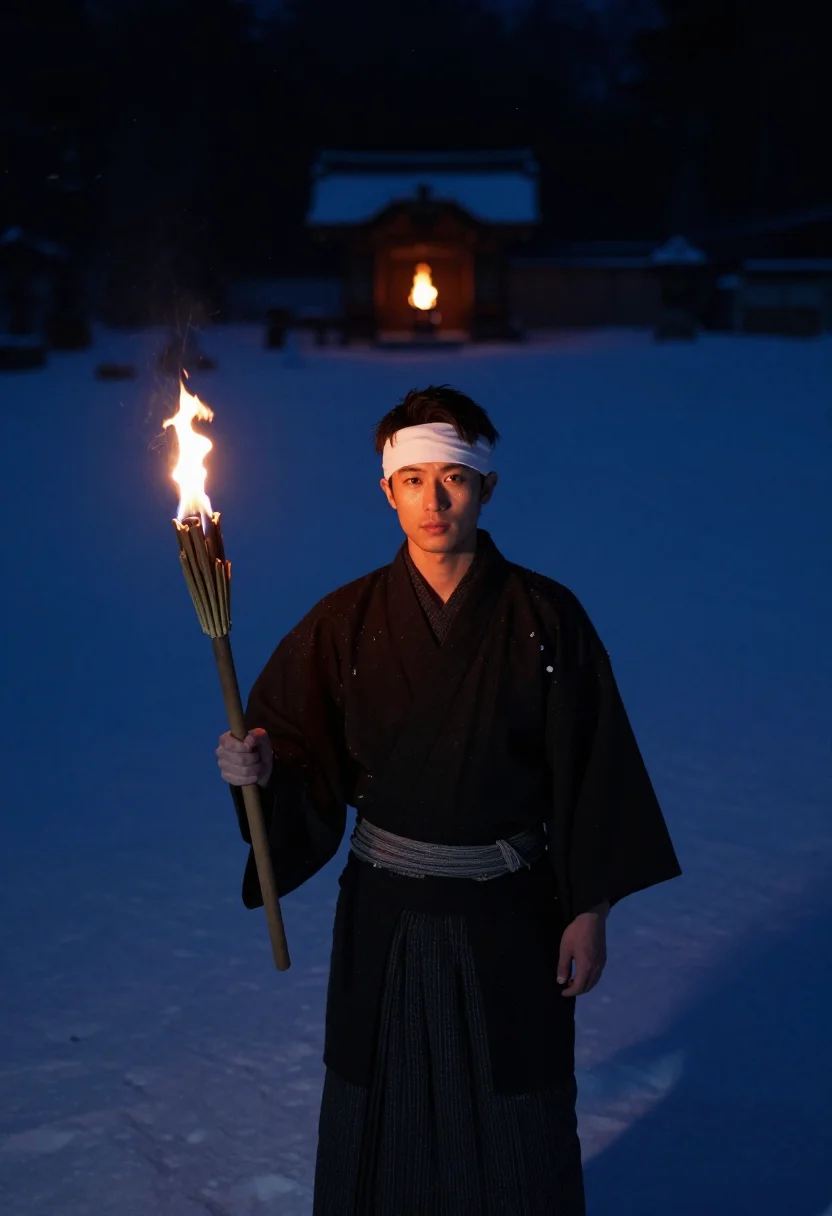 AI nozawa dosojin fire festival sample — portrait of a man, framed full-length, the figure standing i