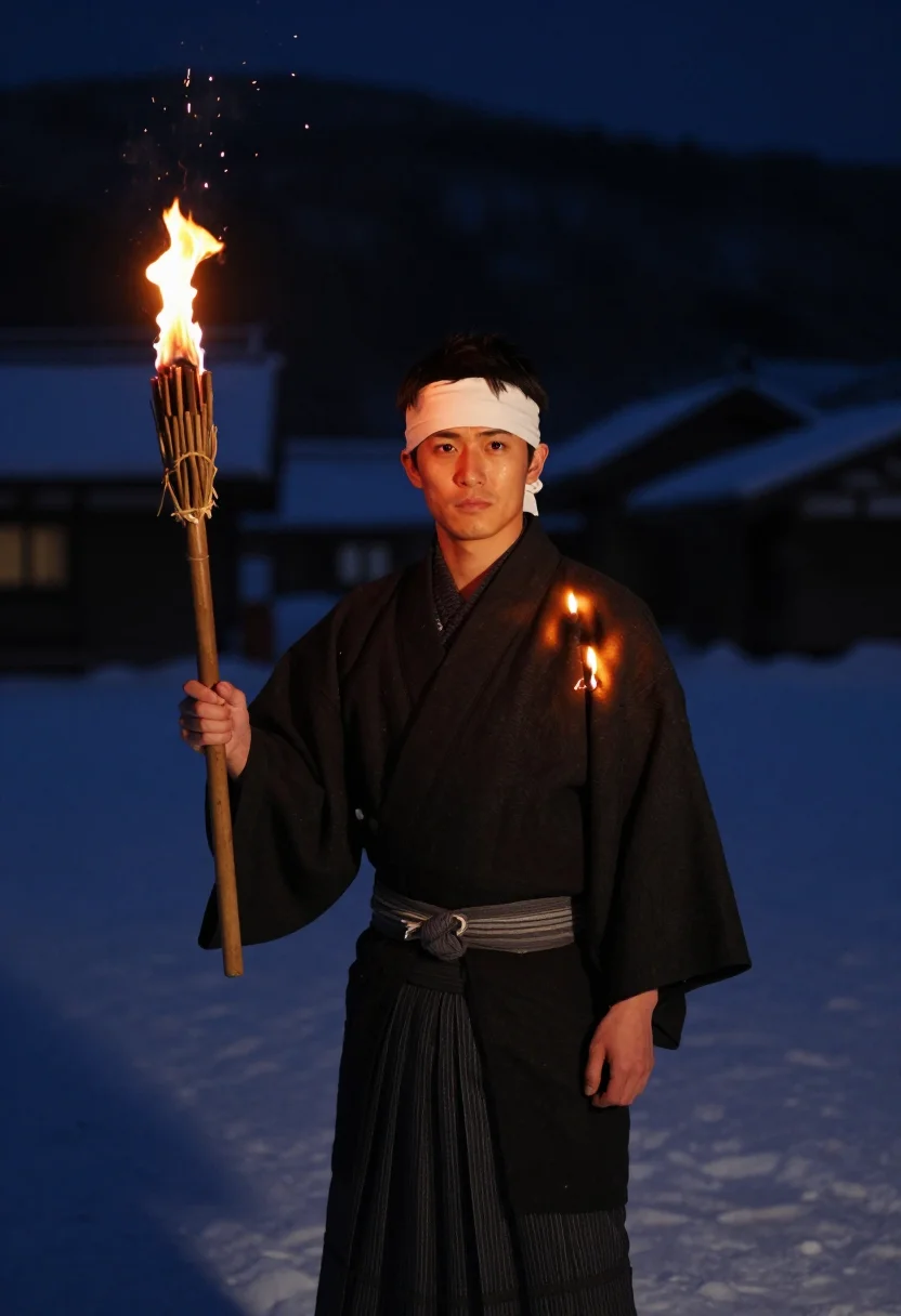 AI nozawa dosojin fire festival sample — portrait of a man, framed three-quarter length, from the hea