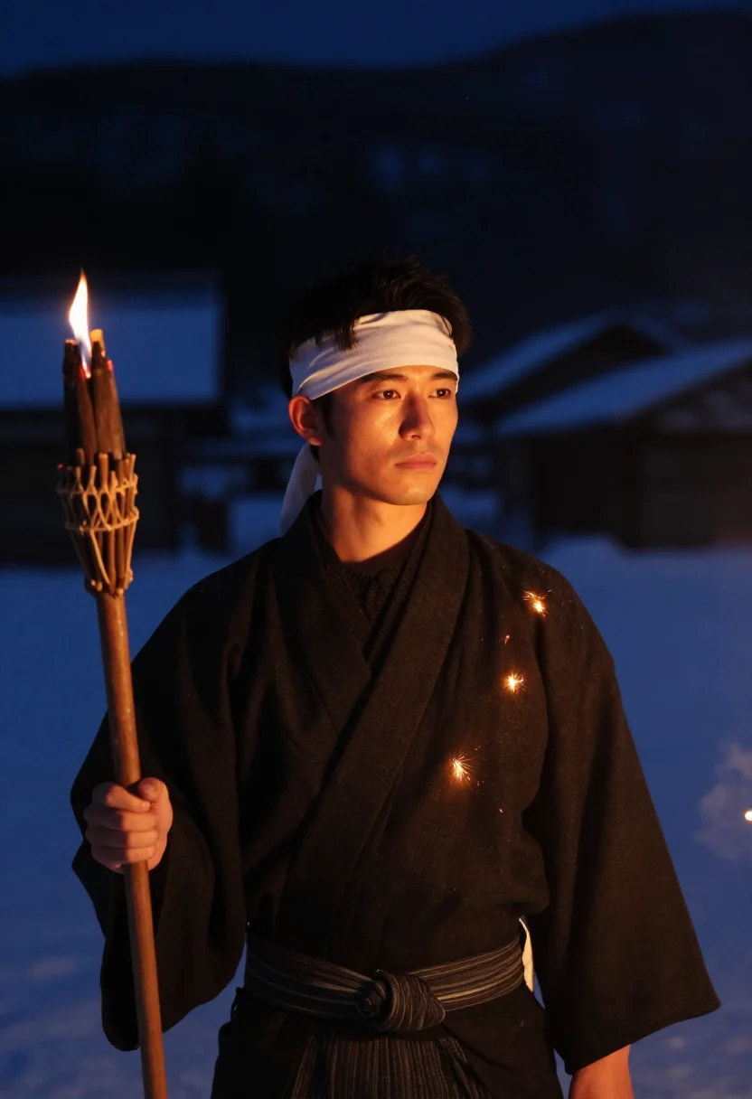 AI nozawa dosojin fire festival sample — portrait of a man, framed chest-up, the body close to the le