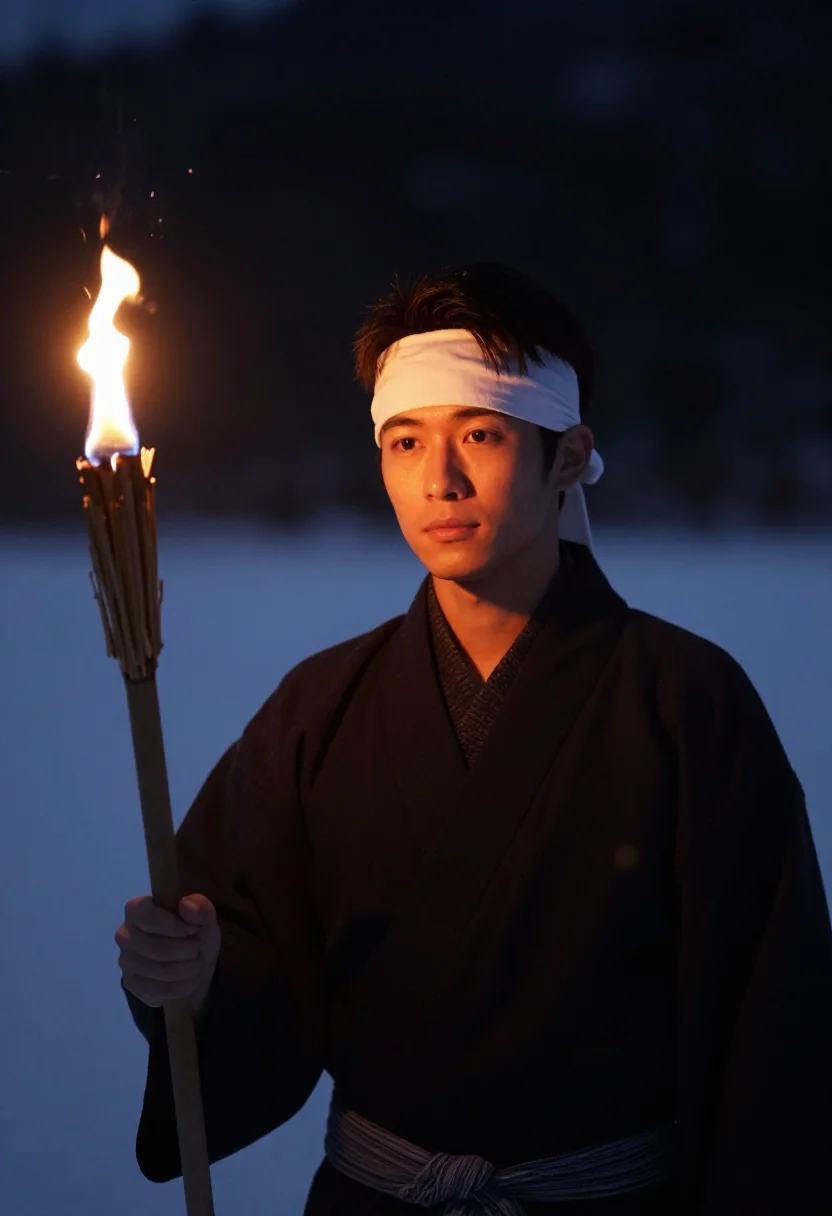 AI nozawa dosojin fire festival sample — portrait of a man, framed chest-up, the body close to the le