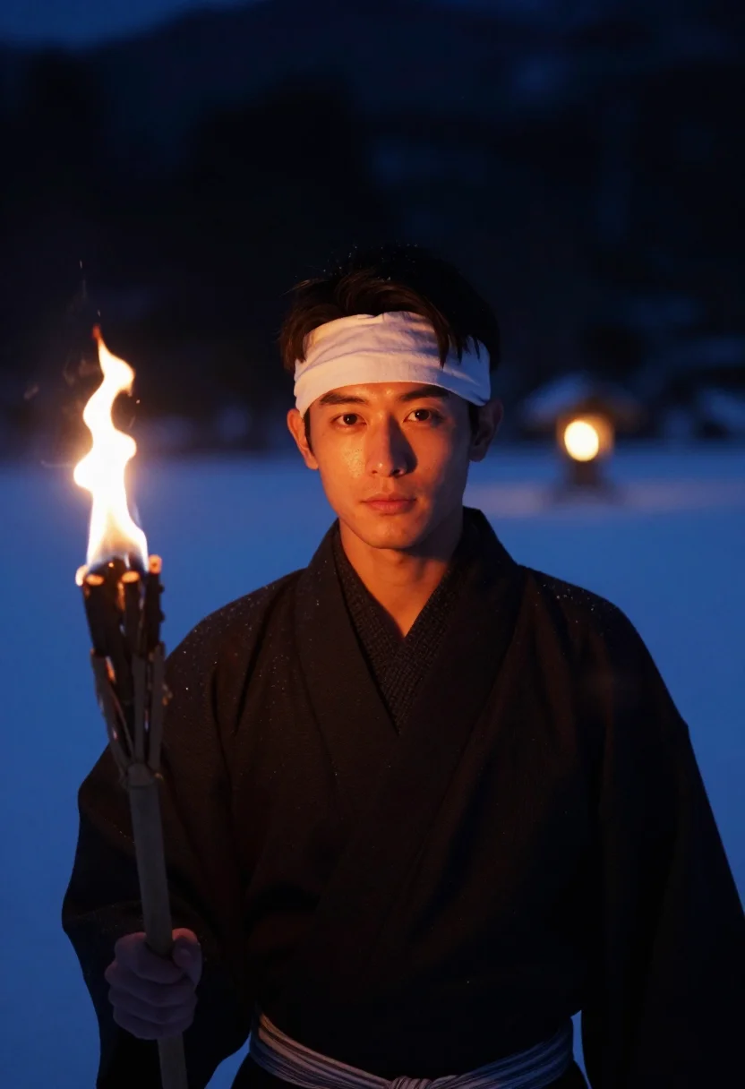AI nozawa dosojin fire festival sample — portrait of a man, framed tight, head and shoulders, the bod
