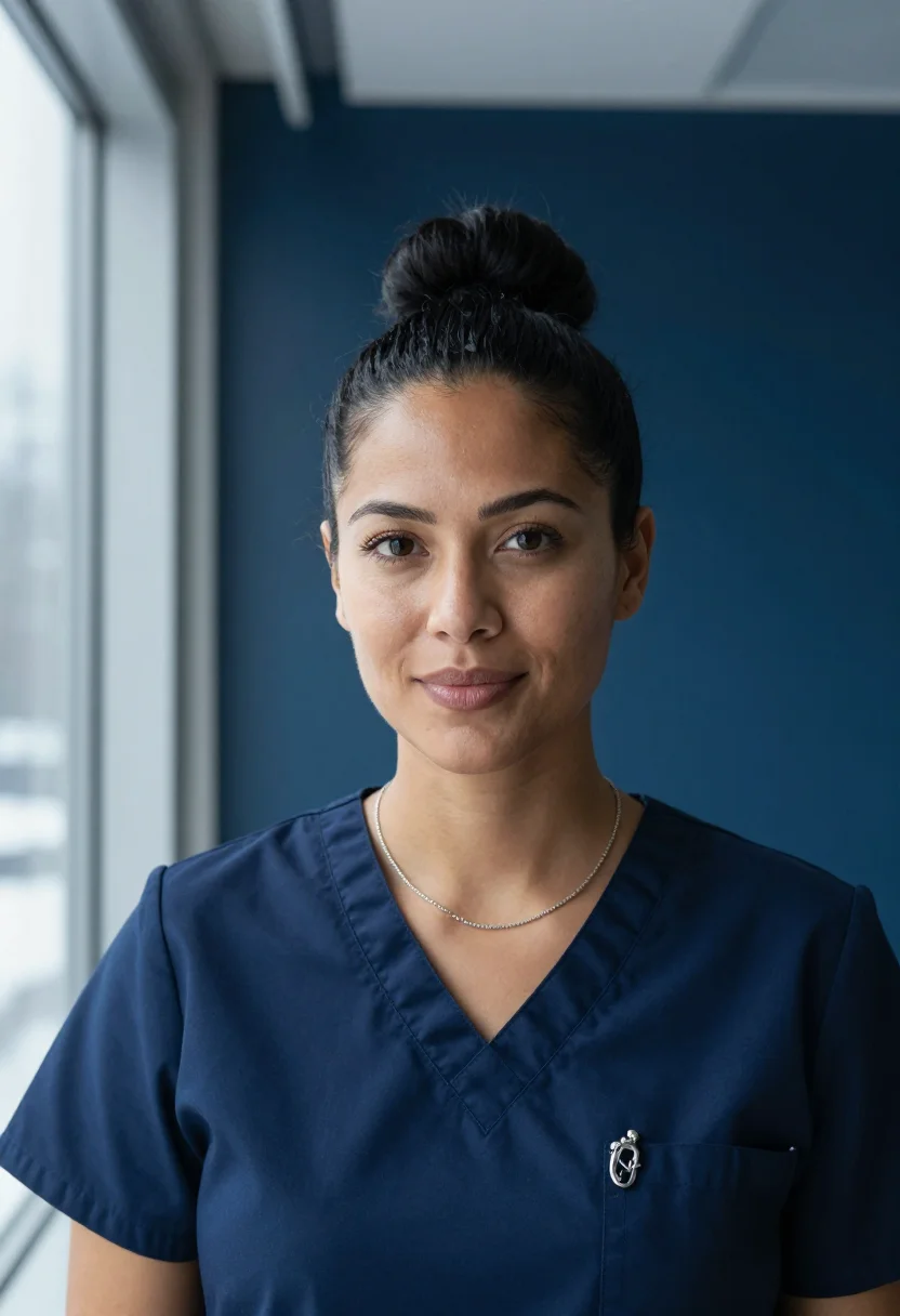 AI nurse dawn navy sample — portrait of a woman, head-and-shoulders portrait of a Filipi
