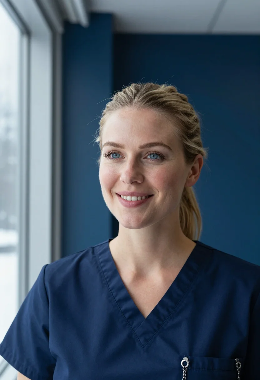 AI nurse dawn navy sample — portrait of a woman, tight headshot of a Western-European wo