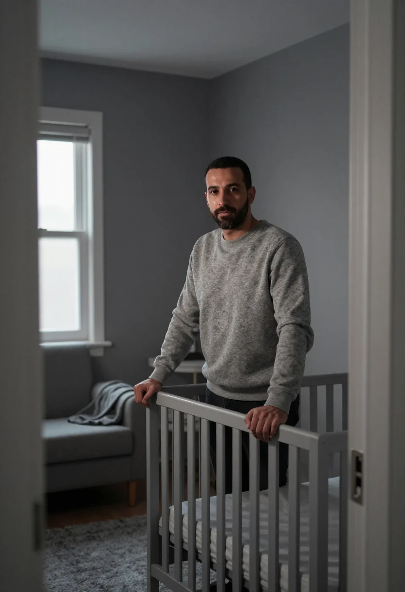 AI nursery doorway grey sample — portrait of a man, framed wide from the doorway at standing