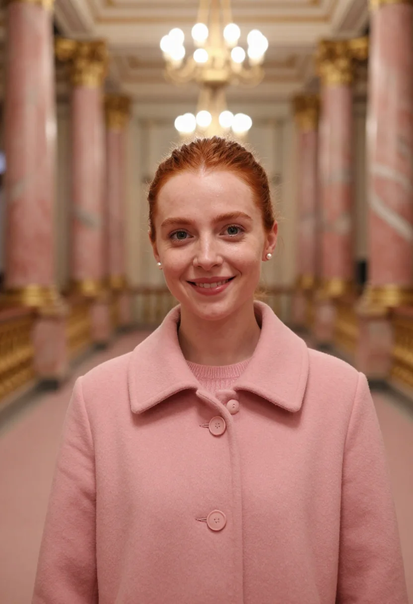 AI nutcracker foyer pink sample — portrait of a woman, framed as a tight headshot from the cro