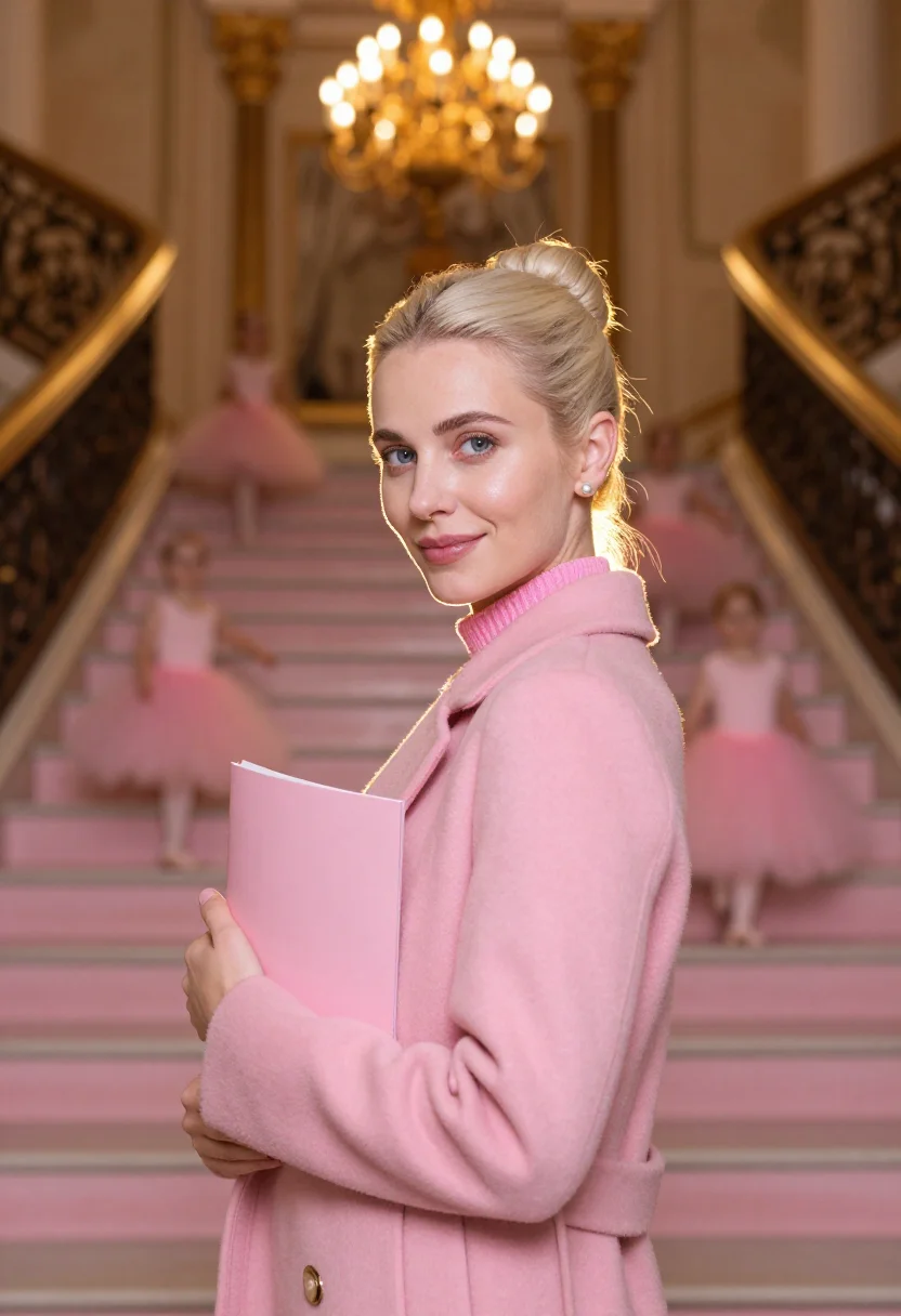 AI nutcracker foyer pink sample — portrait of a woman, framed chest-up from the ribs with the