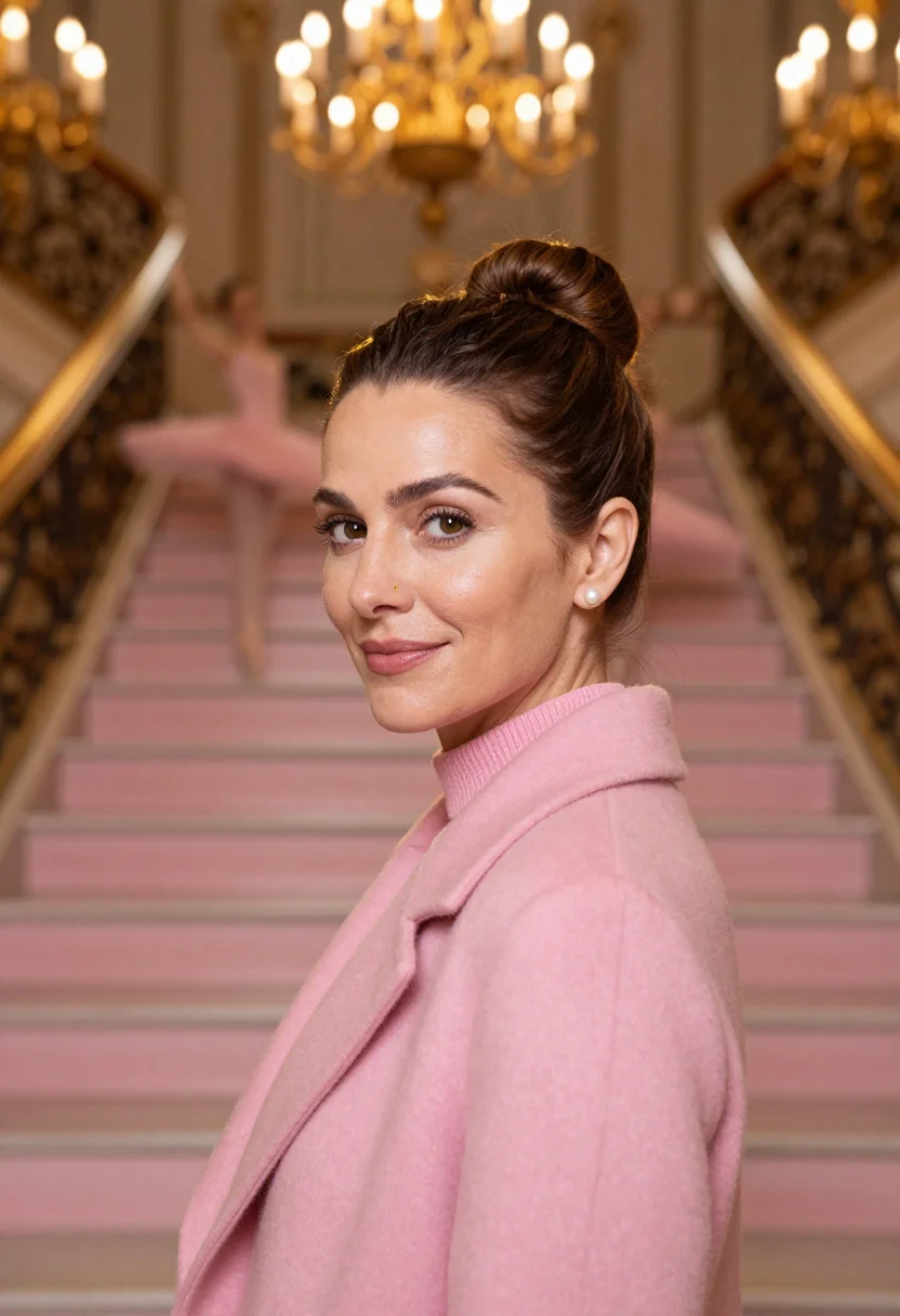 AI nutcracker foyer pink sample — portrait of a woman, framed as a tight headshot from the cro
