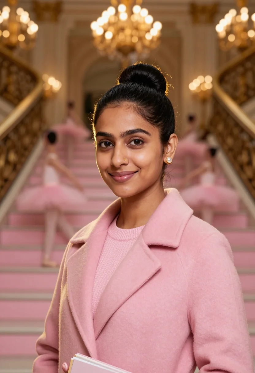 AI nutcracker foyer pink sample — portrait of a woman, framed head and shoulders, tighter, the