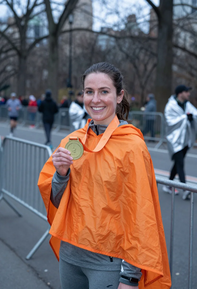 AI nyc marathon finish november orange sample — portrait of a woman, framed chest-up, cropped at the ribs, t