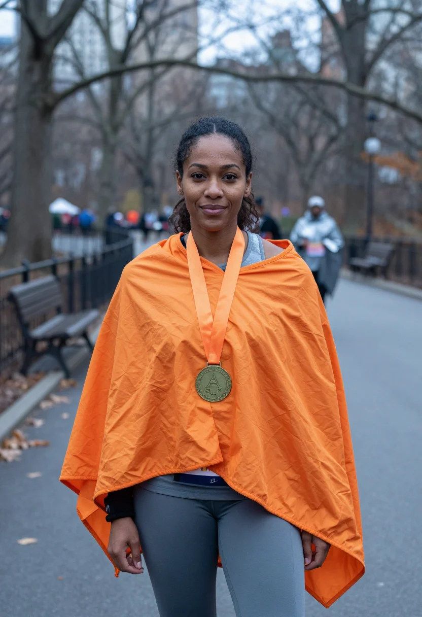 AI nyc marathon finish november orange sample — portrait of a woman, framed chest-up, cropped at the ribs, t