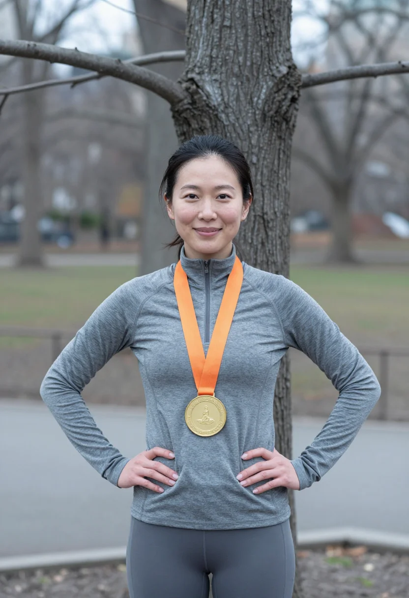 AI nyc marathon finish november orange sample — portrait of a woman, framed half-length from the head to the