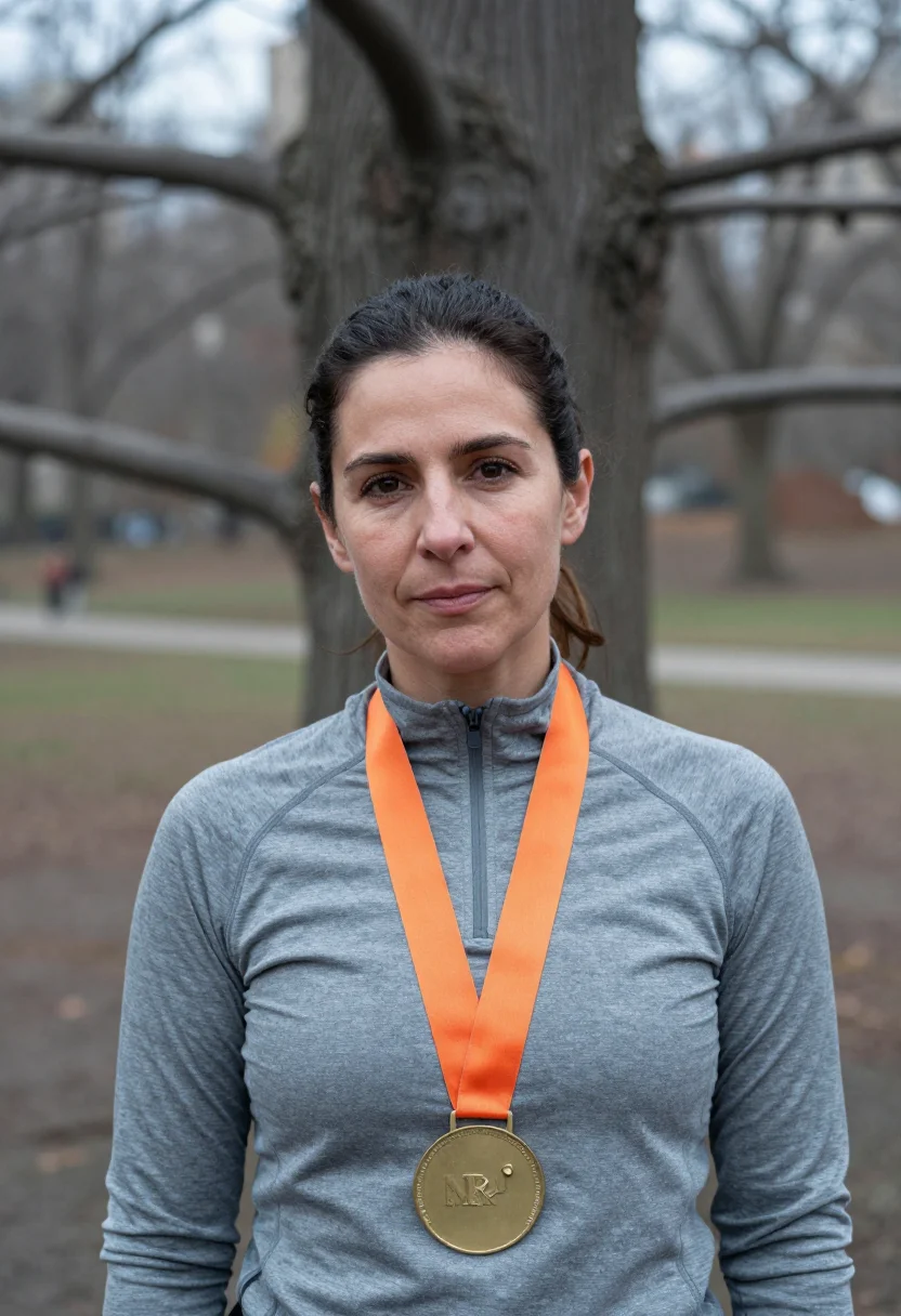 AI nyc marathon finish november orange sample — portrait of a woman, framed tight, head and shoulders, the b