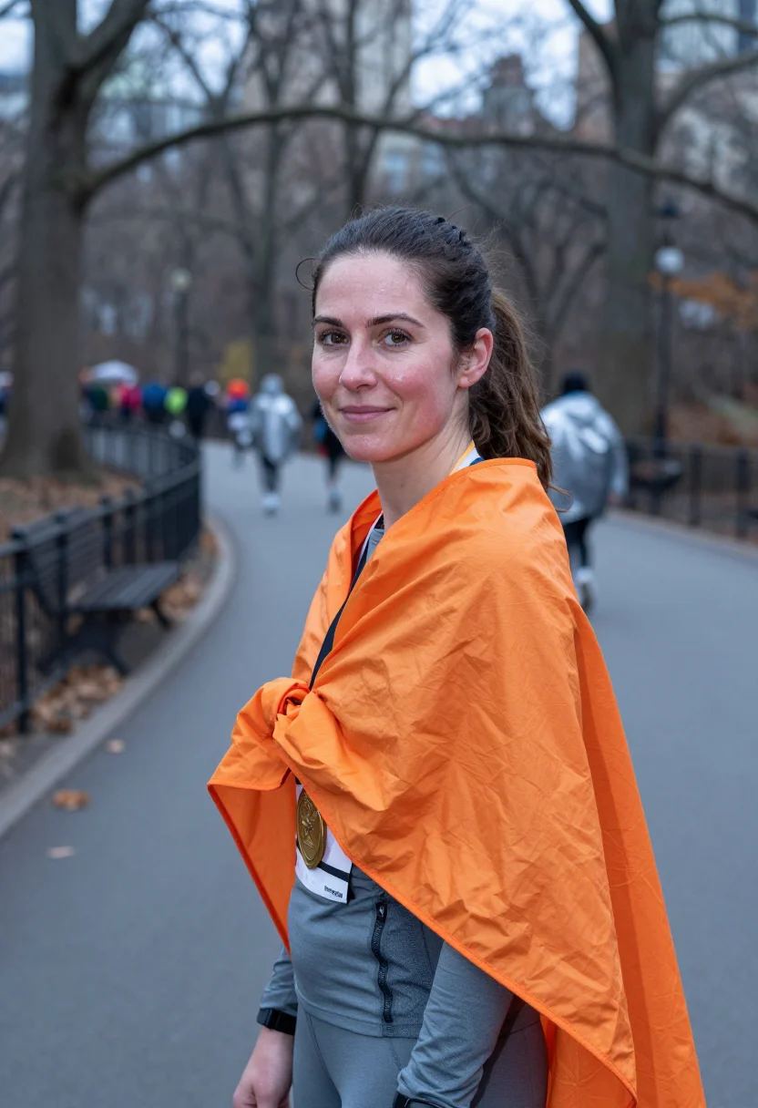 AI nyc marathon finish november orange sample — portrait of a woman, framed tight, head and shoulders, the b