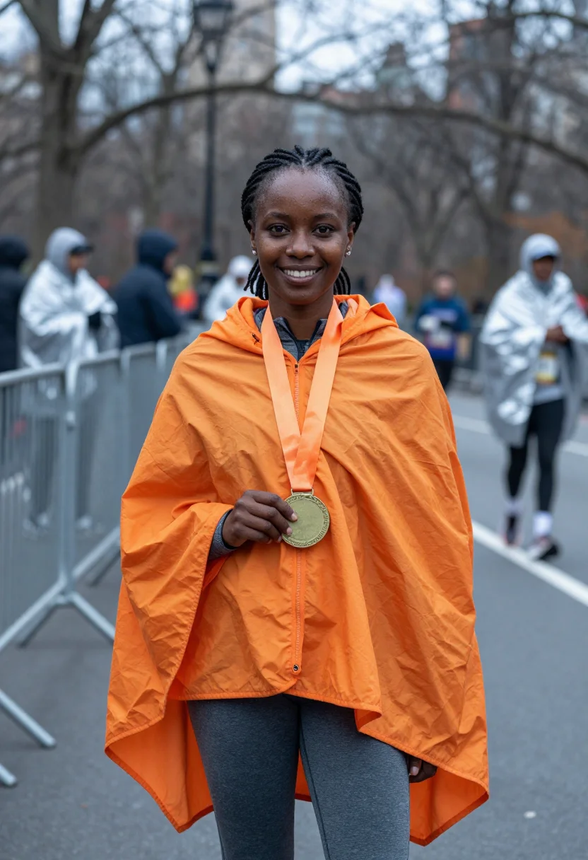 AI nyc marathon finish november orange sample — portrait of a woman, framed half-length from the head to the