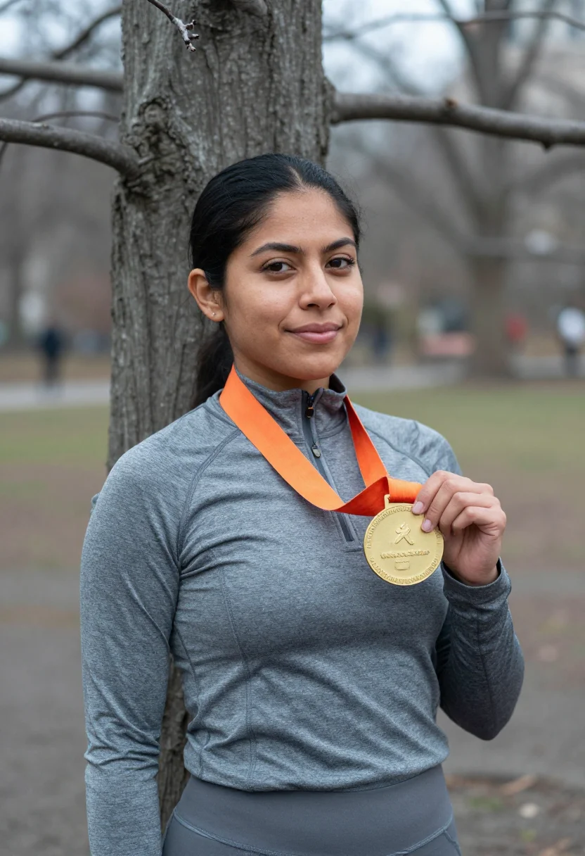 AI nyc marathon finish november orange sample — portrait of a woman, framed chest-up, cropped at the ribs, t
