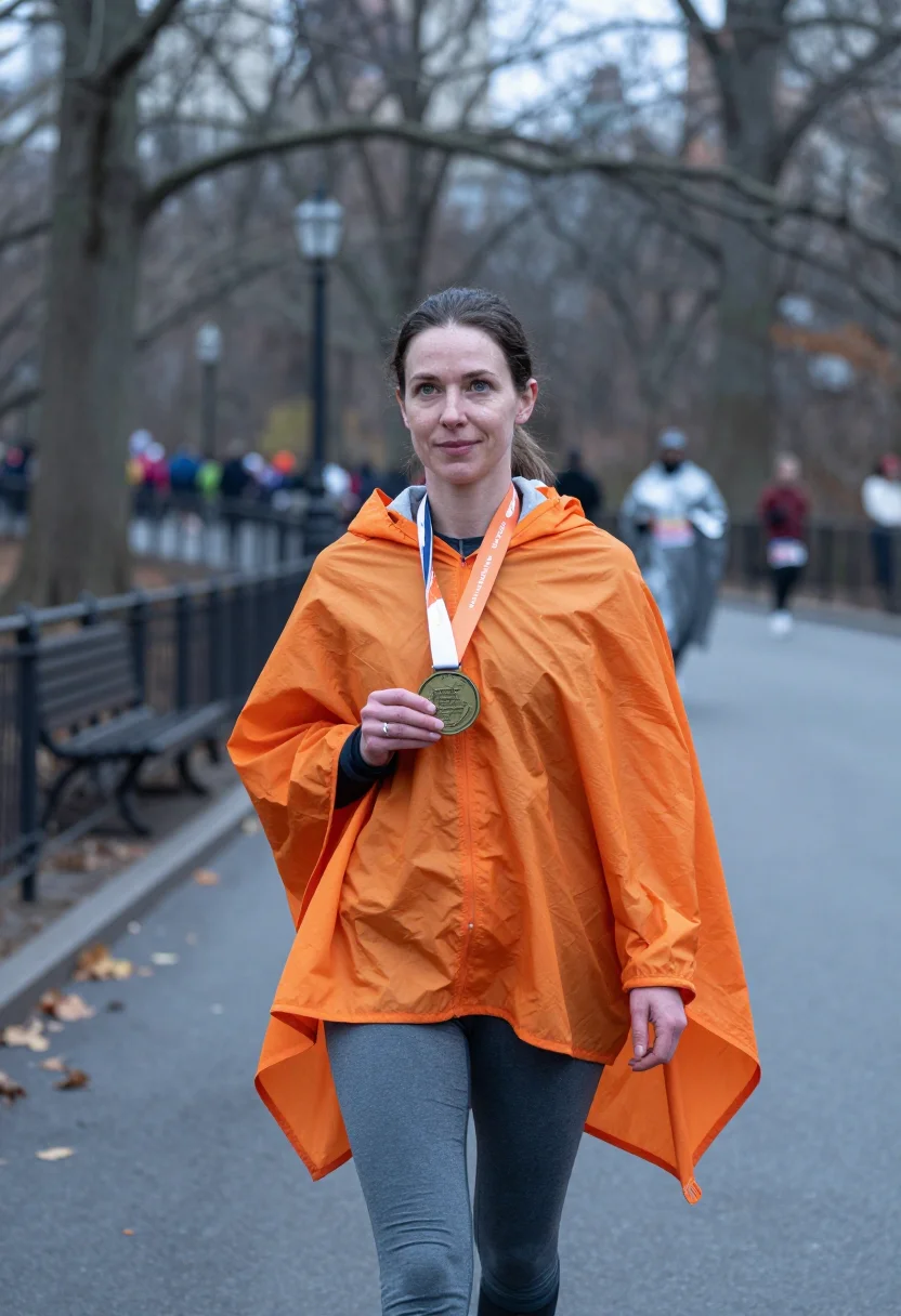 AI nyc marathon finish november orange sample — portrait of a woman, framed half-length from the head to the