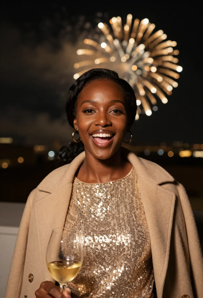 AI nye rooftop gold sample — portrait of a woman, tight head-and-shoulders portrait of a