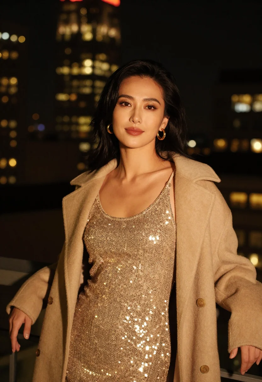 AI nye rooftop gold sample — portrait of a woman, chest-up three-quarter portrait of an E