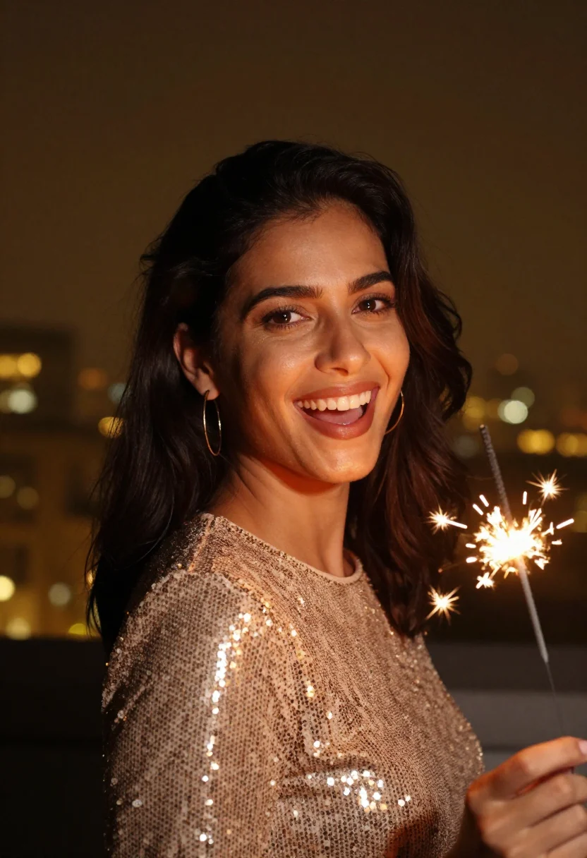 AI nye rooftop gold sample — portrait of a woman, tight headshot of a Western-European wo