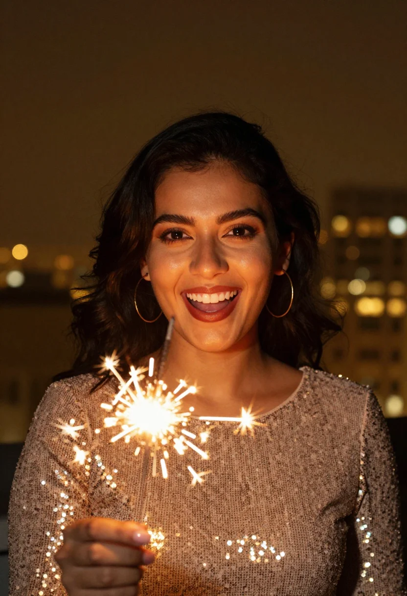 AI nye rooftop gold sample — portrait of a woman, tight headshot of a Latin-American woma