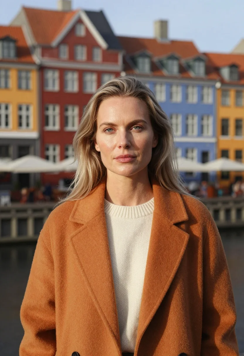 AI nyhavn palette sample — portrait of a woman, framed tight, head and shoulders, the b