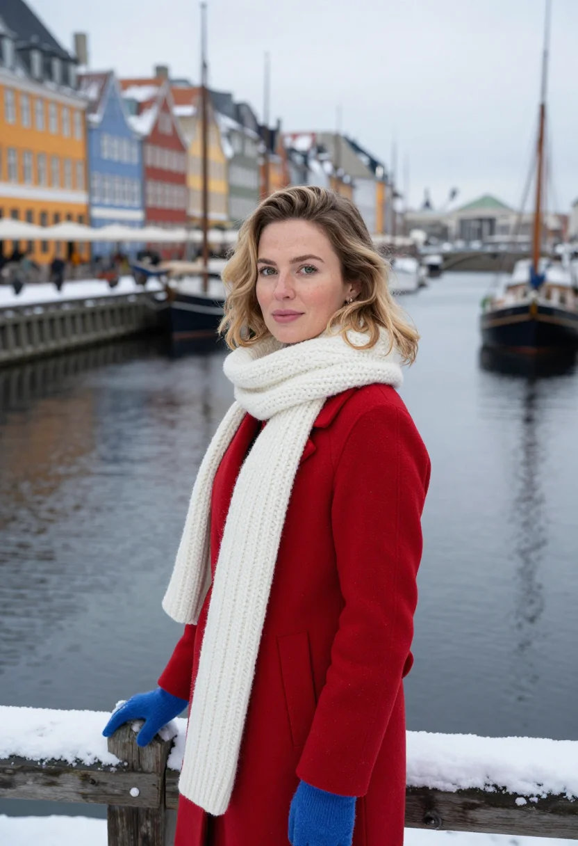 AI nyhavn winter palette sample — portrait of a woman, framed chest-up, the crop at the breast