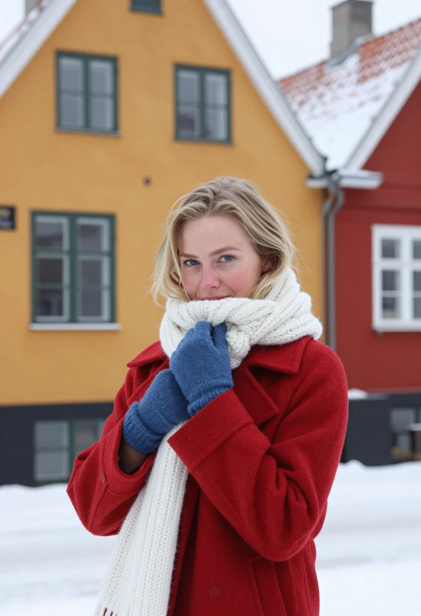 AI nyhavn winter palette sample — portrait of a woman, framed chest-up, the crop at the breast