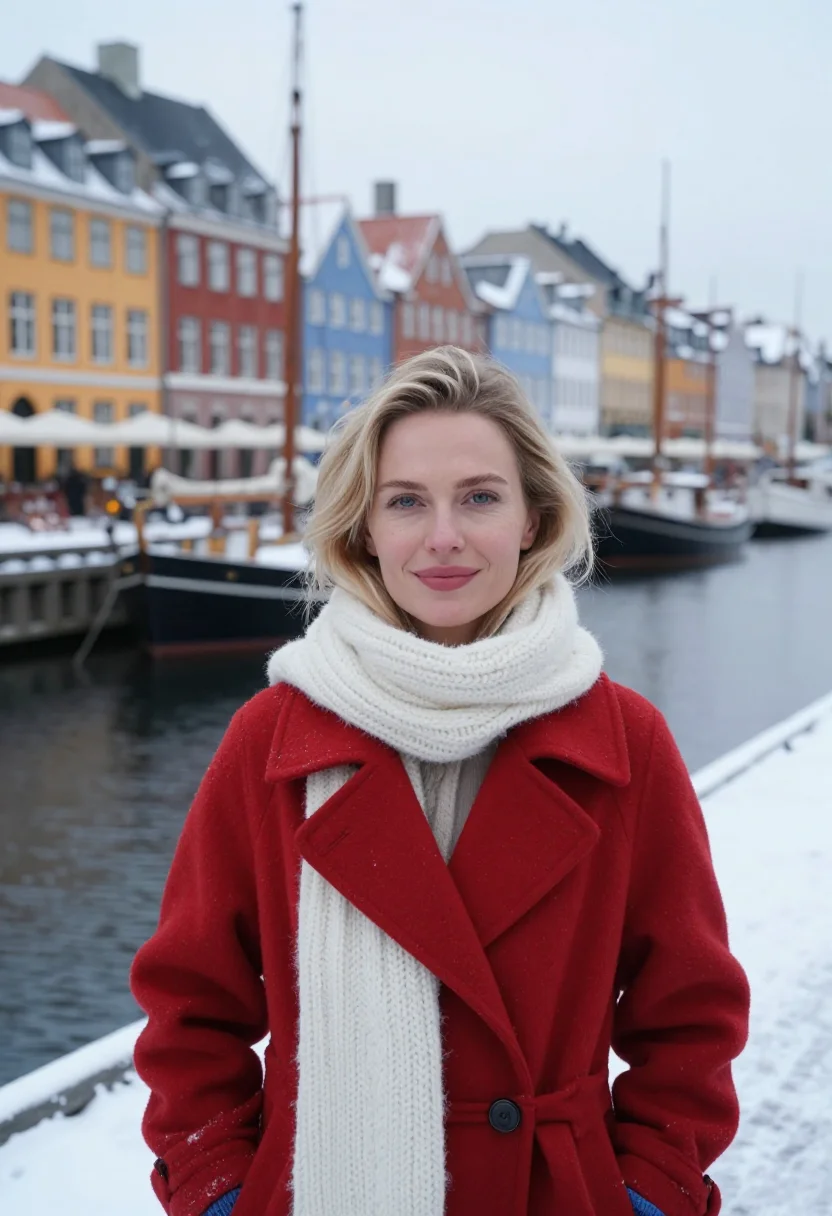 AI nyhavn winter palette sample — portrait of a woman, framed tight, head and shoulders, the b