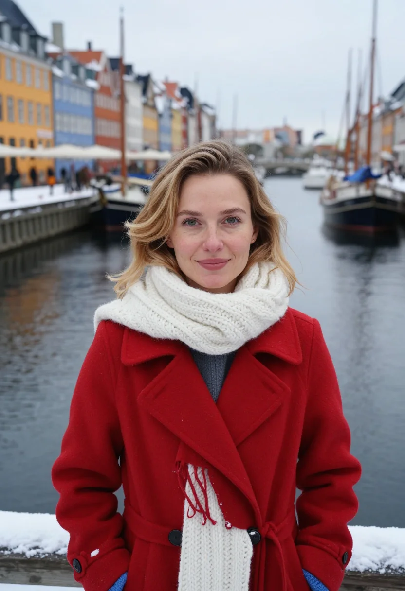 AI nyhavn winter palette sample — portrait of a woman, framed tight, head and shoulders, the b