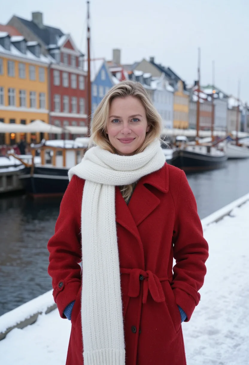 AI nyhavn winter palette sample — portrait of a woman, framed from the waist up, the camera at