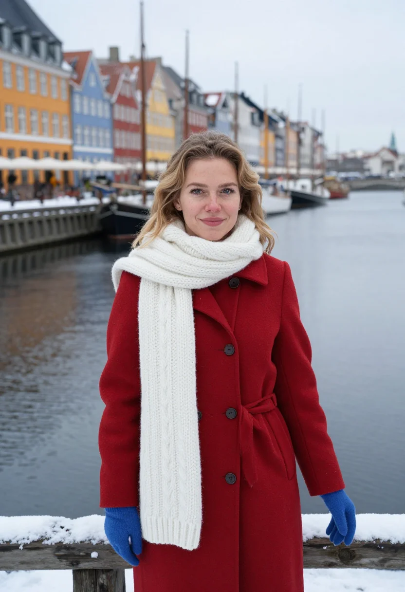 AI nyhavn winter palette sample — portrait of a woman, framed half-length, from the crown to t